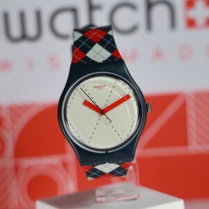 New Limited Swiss Swatch SOCQUETTE GN255 34MM Argyle Pattern Of Red & Blue